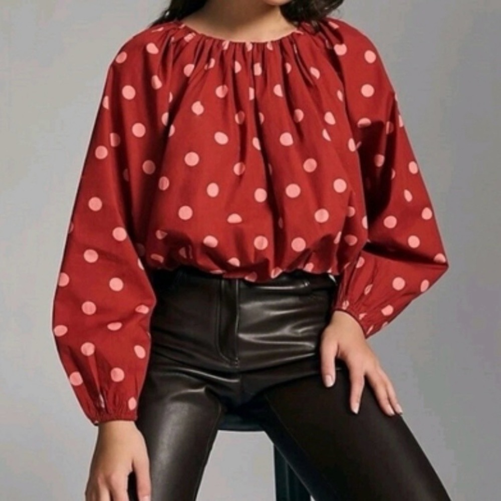 Maeve by Anthropologie Bubble Poplin Crop Top Red Polka Dot Women's Size Medium - Picture 4 of 12